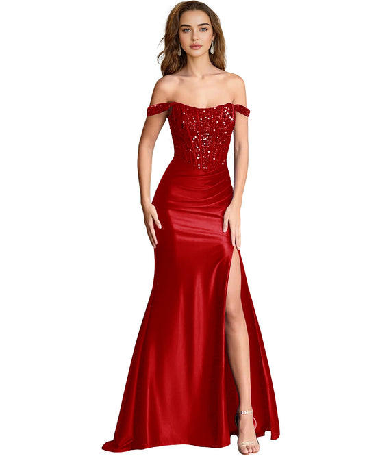 Red off-shoulder sequin satin mermaid dress with glitter bodice and front slit
