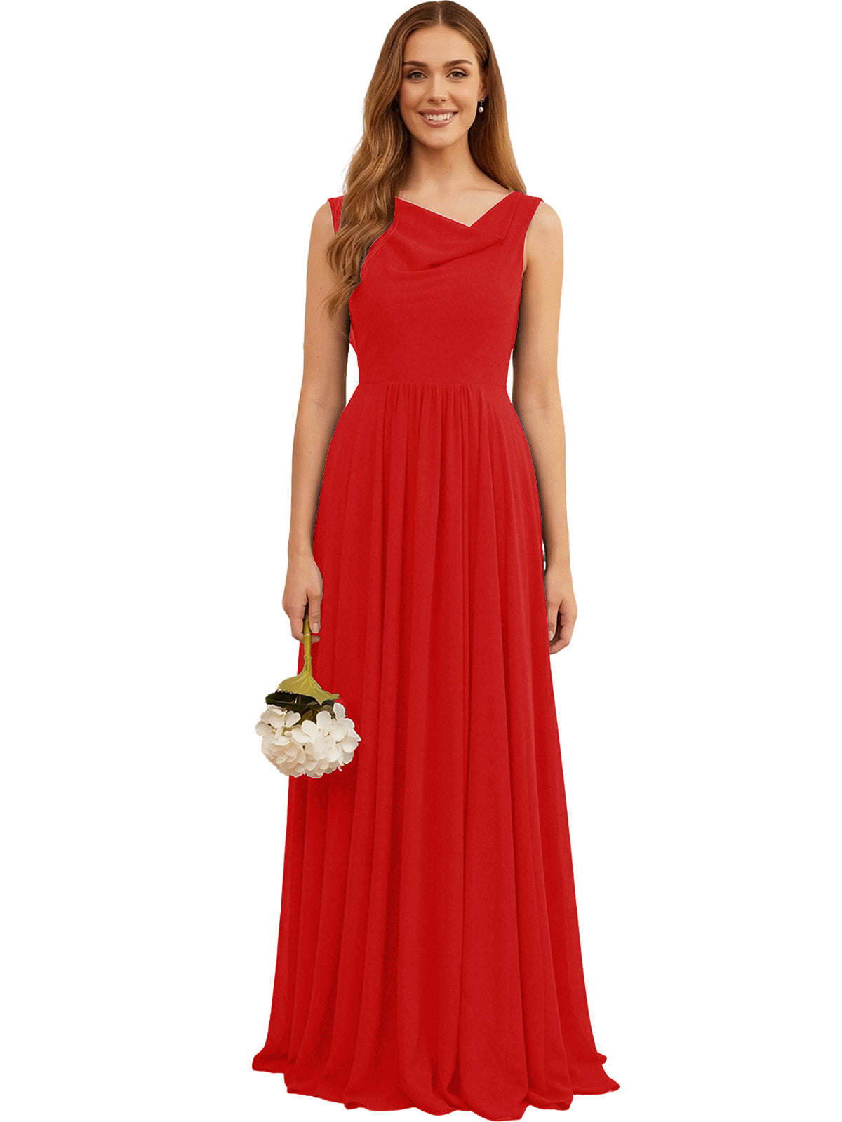 Red sleeveless chiffon bridesmaid dress with V-jewel neckline and pleated maxi skirt