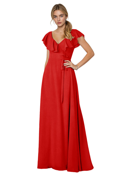 Red chiffon bridesmaid maxi dress with flutter sleeves, V-neck, and waist tie