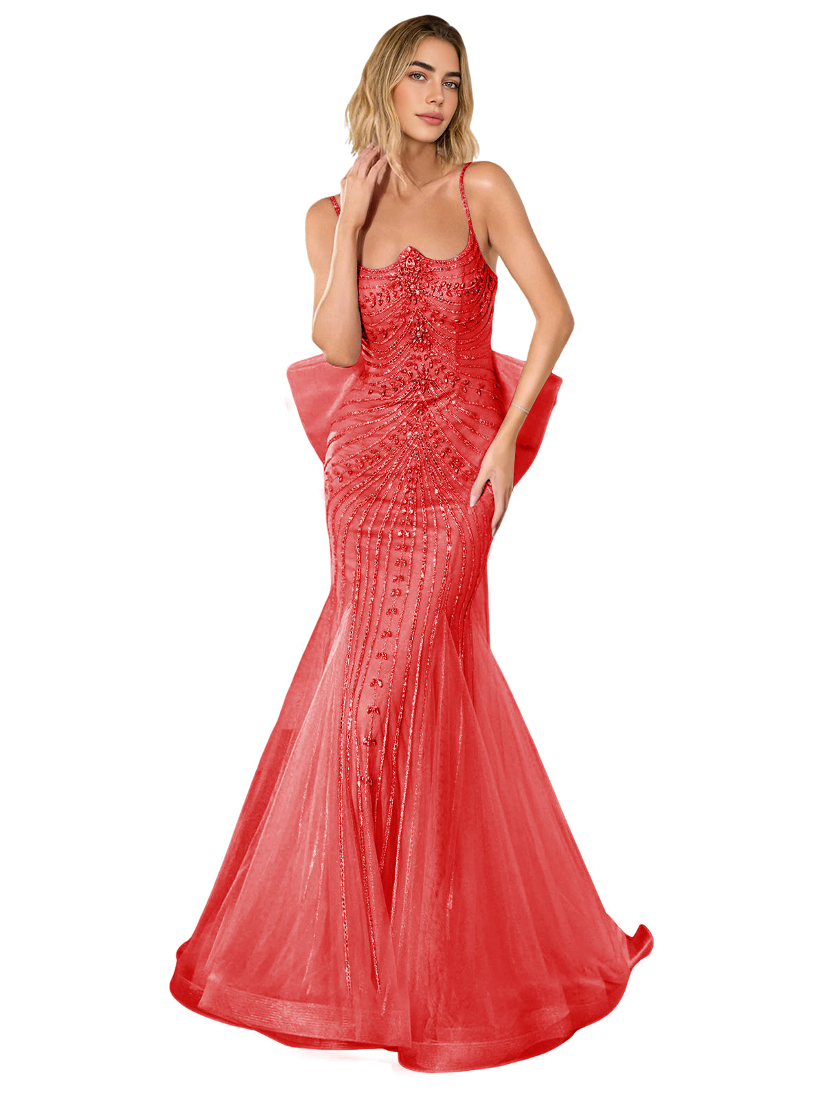 Red sparkly prom dress with corset-style bodice and trumpet skirt, full sweep train