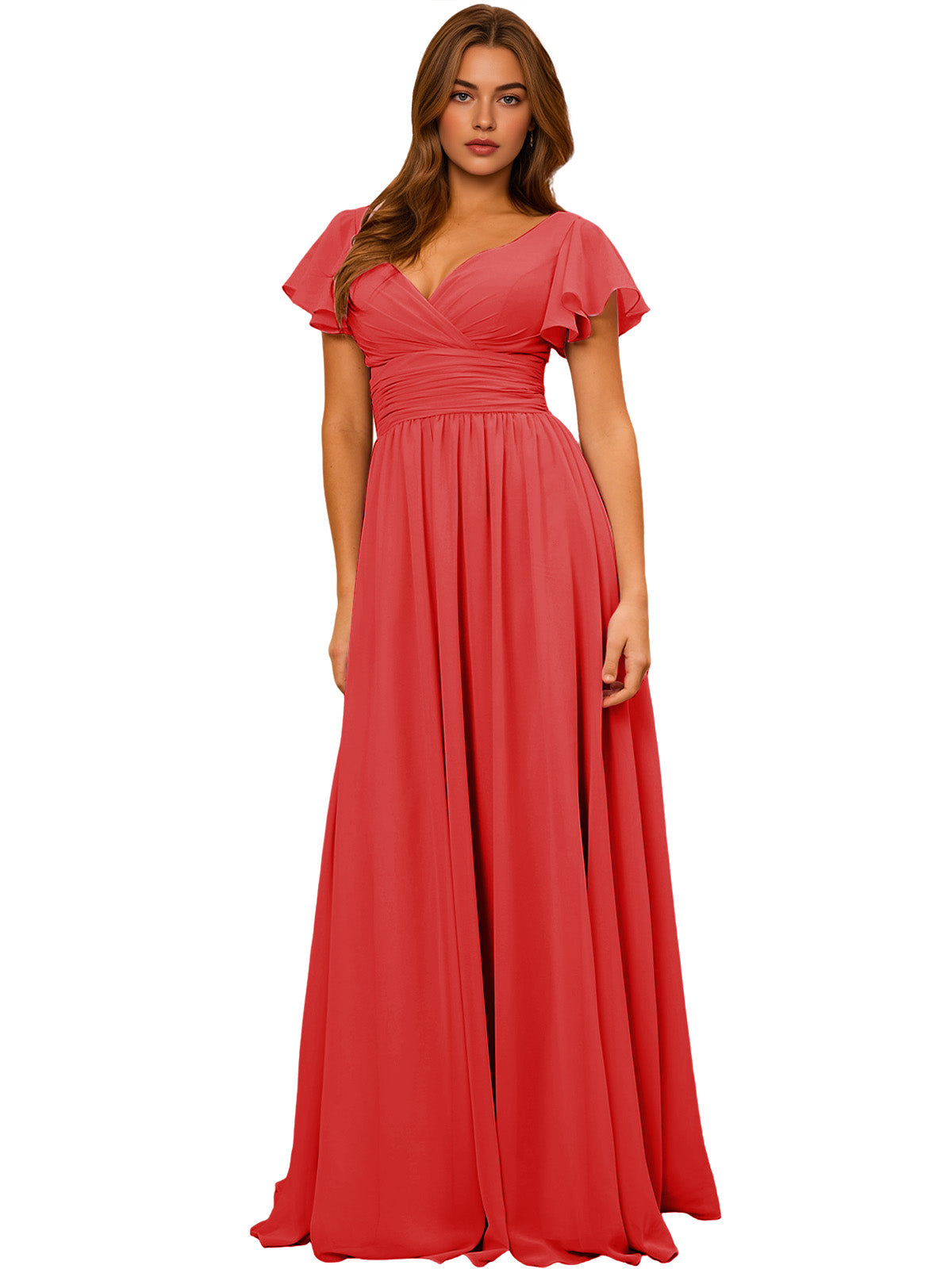 Coral chiffon bridesmaid dress with v-neck, flutter sleeves, empire waist, pleated skirt