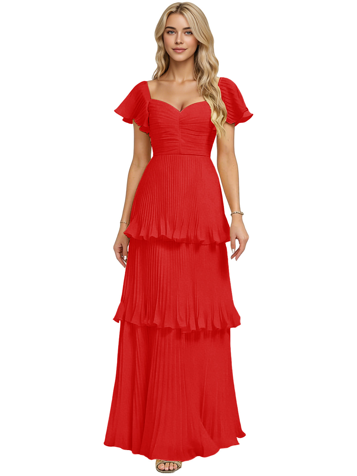 Tiered ruffle chiffon bridesmaid dress with sweetheart neckline and flutter sleeves, red.