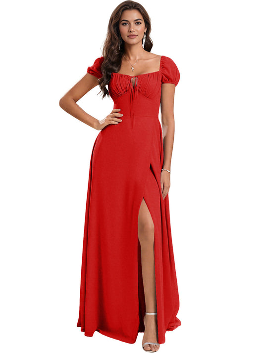 Red ruched short-sleeve chiffon bridesmaid dress with square neckline and side slit