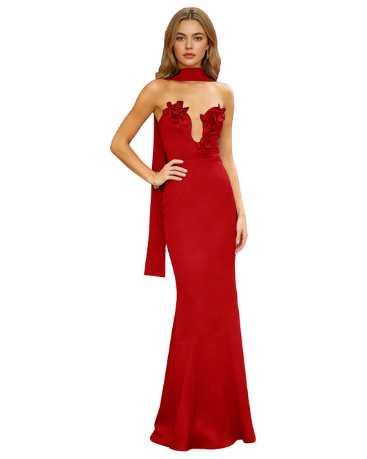 Red satin halter column prom dress with illusion bust appliques and open back