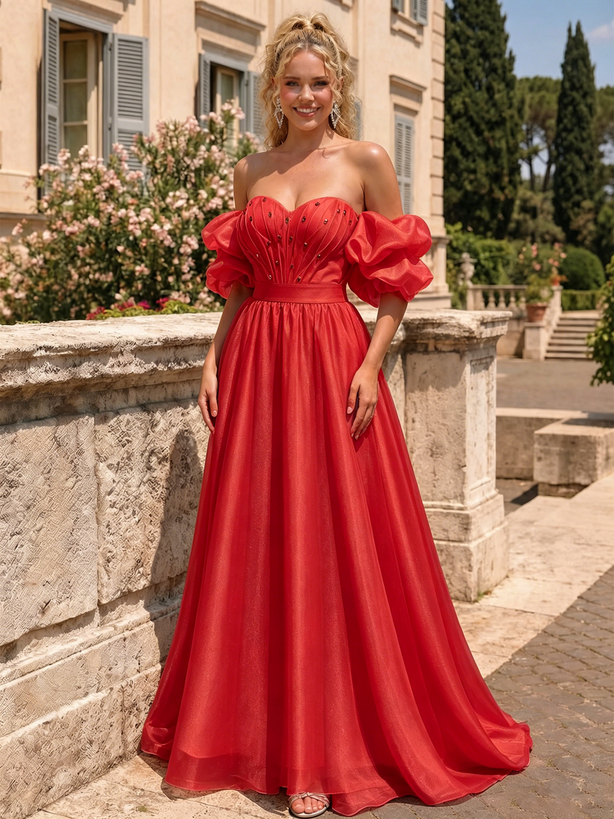 Red off-shoulder sweetheart A-line prom dress with puff sleeves and full flowing skirt