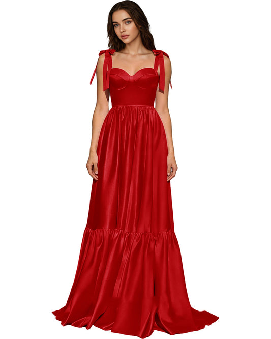 Red strapless ball gown with sweetheart corset bodice, bow straps, tiered satin skirt