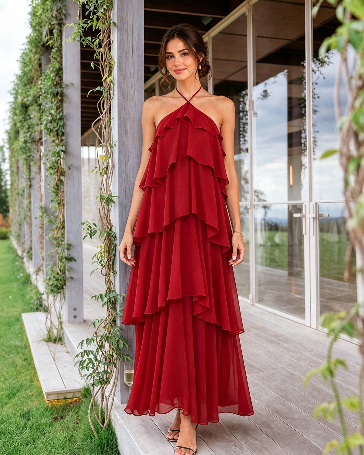 Red halter neck tiered chiffon bridesmaid dress with layered ruffle overlay