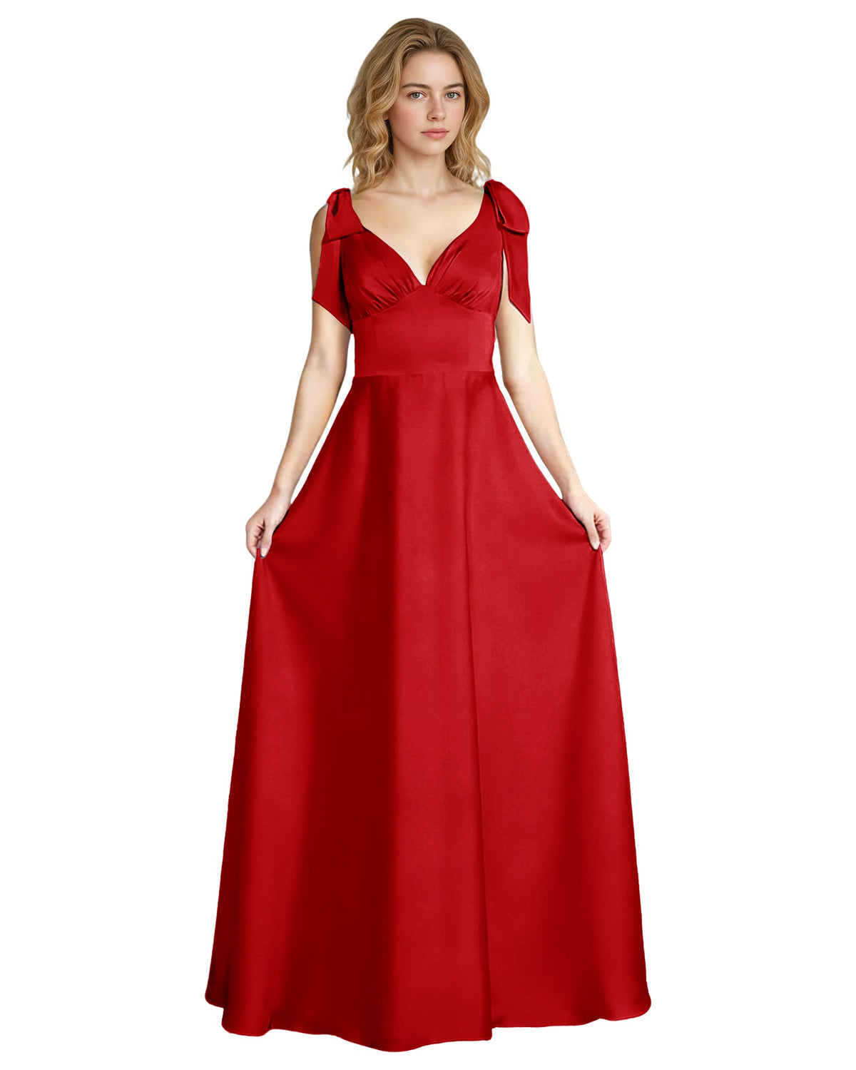 Red satin V-neck bridesmaid dress with bow shoulder straps and empire waist, full length