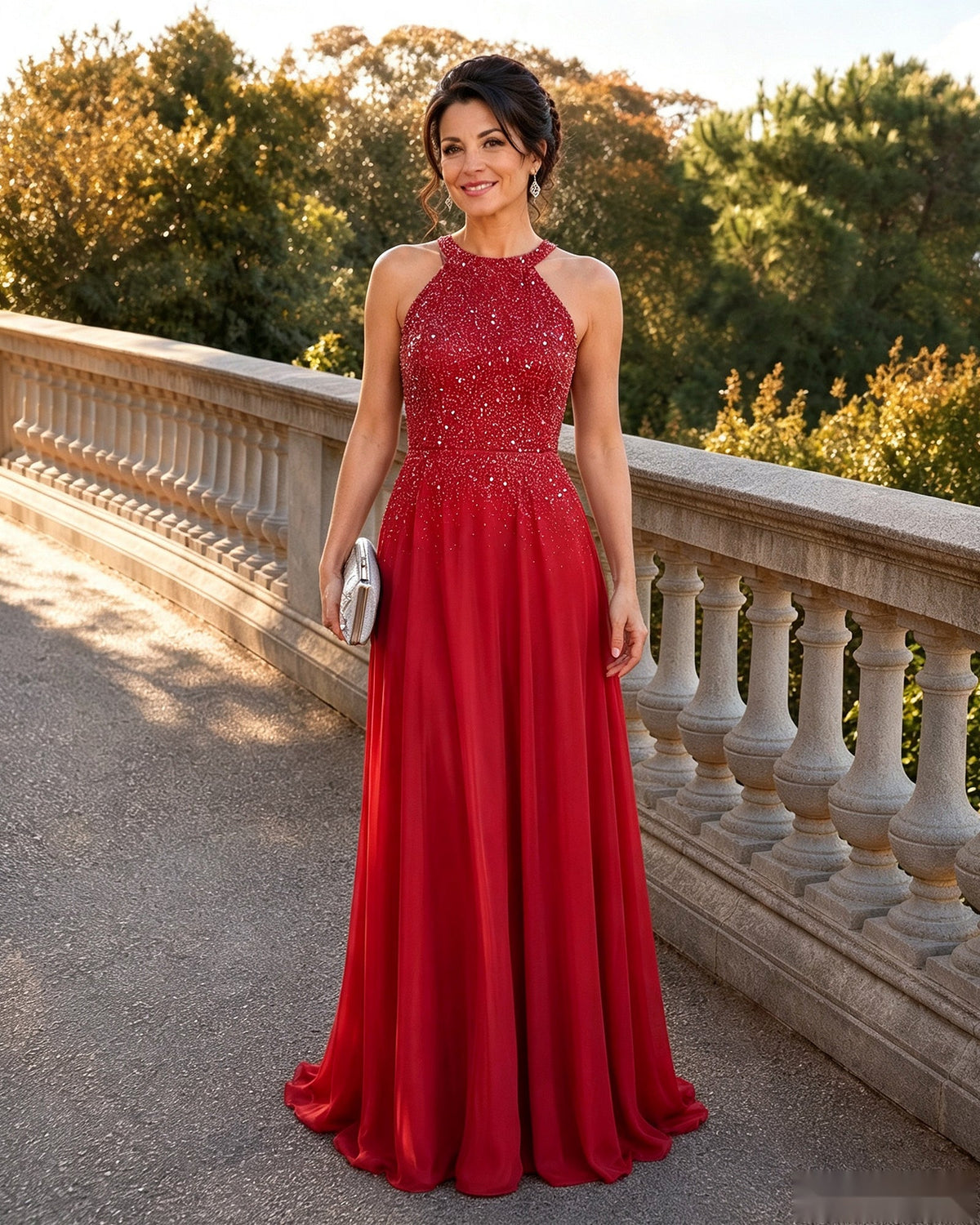 Red halter-neck mother of the bride dress with sparkling sequin bodice and chiffon A-line skirt