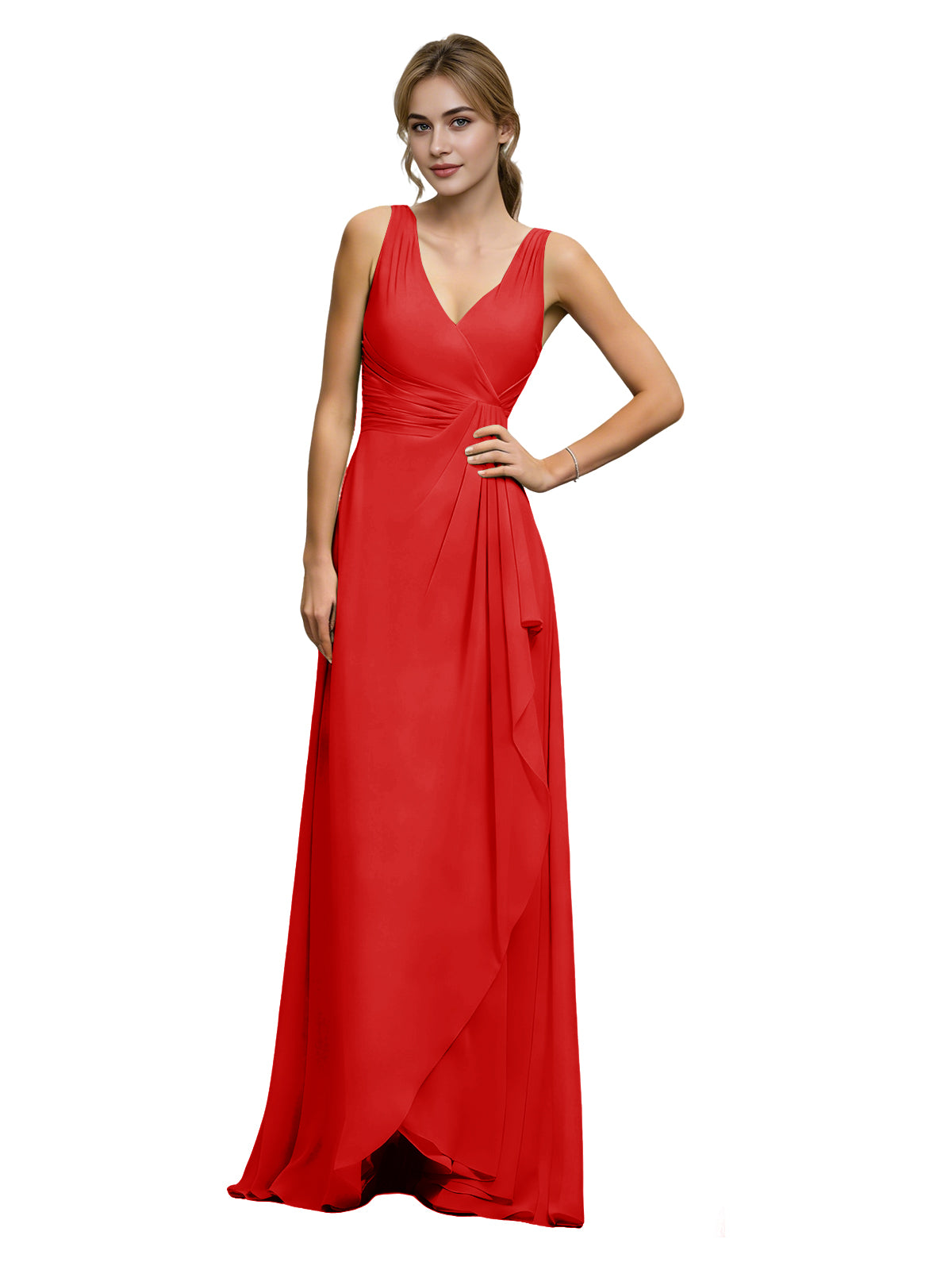 Red chiffon bridesmaid dress with halter V-neck and draped sash waist, flowing skirt