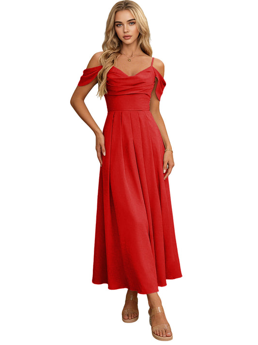 Red off-shoulder midi bridesmaid dress with ruched bodice and full pleated skirt