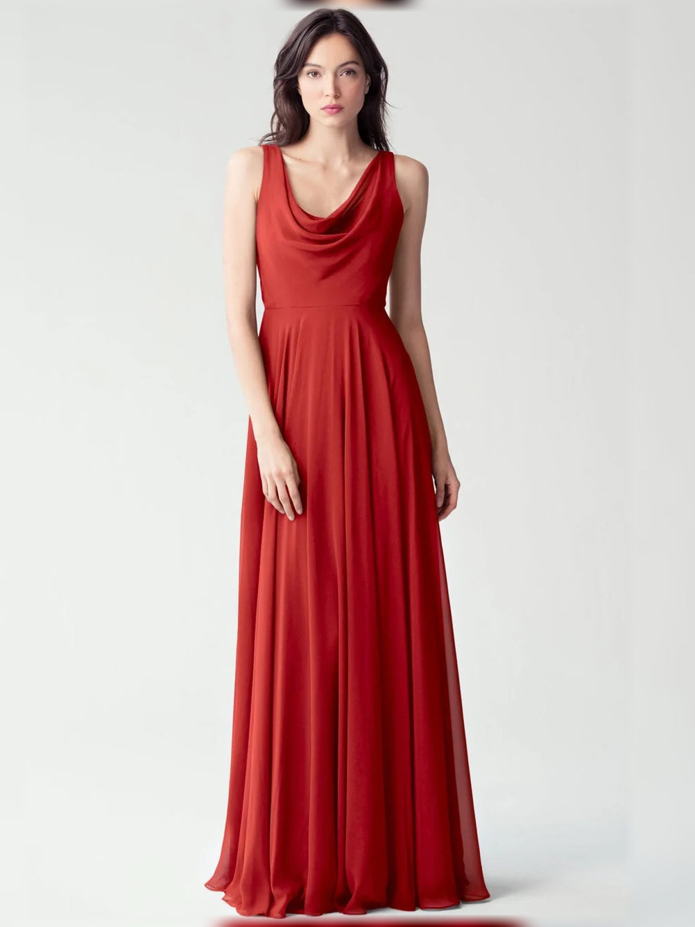 Red cowl-neck chiffon A-line bridesmaid dress, sleeveless, floor length.