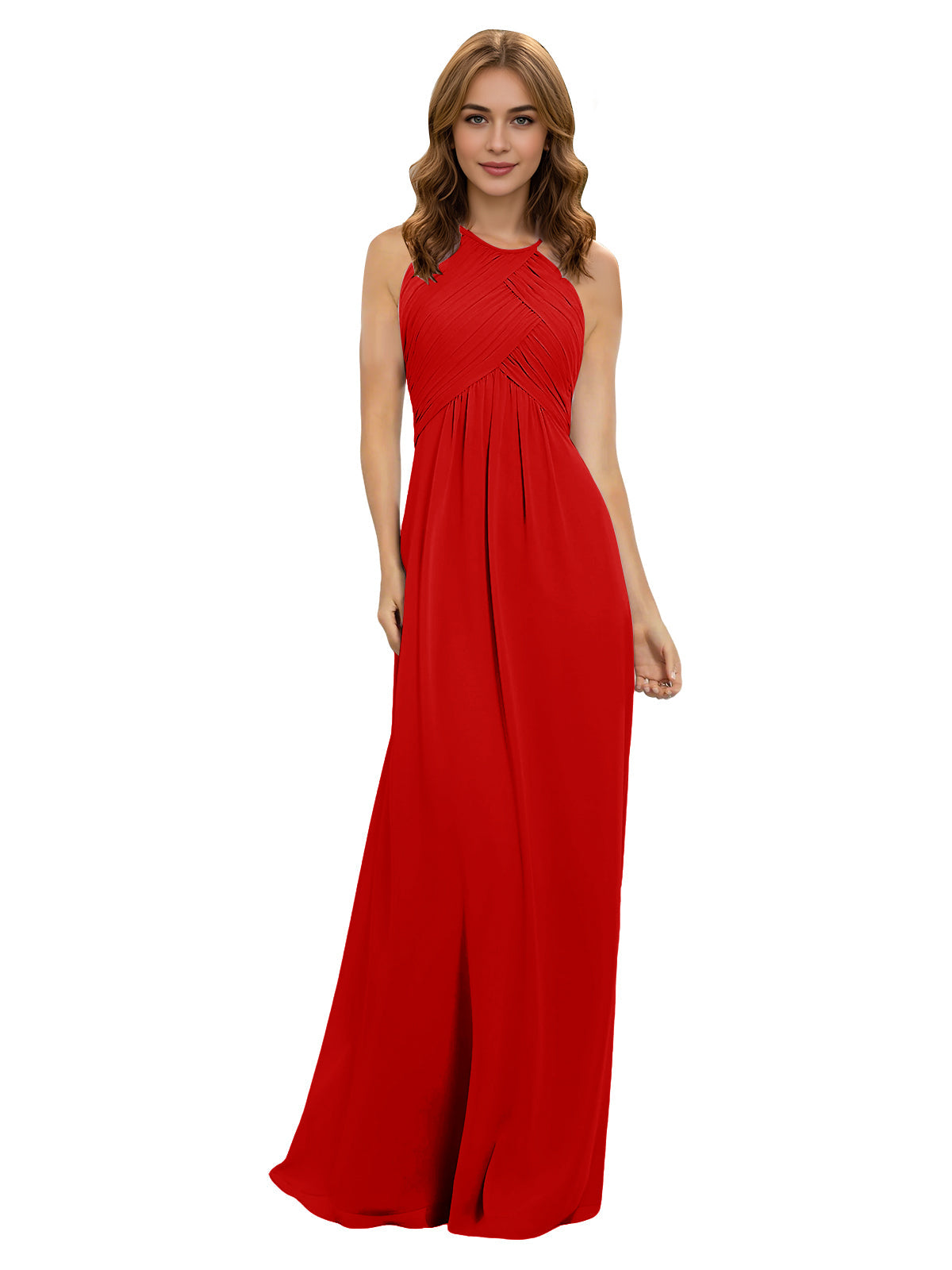 Red halter chiffon bridesmaid dress with twisted neckline bodice and long skirt