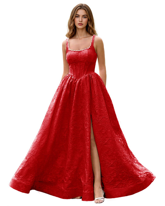 Red jacquard ball gown prom dress with square neckline, wide straps, and front slit