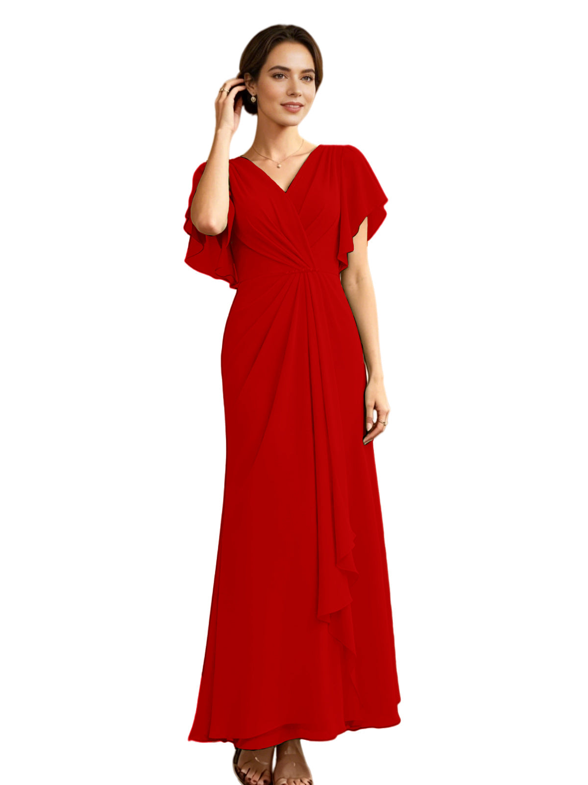 Red chiffon mother-of-the-bride dress with V-neck, flutter sleeves, and draped A-line skirt
