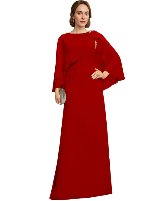 Red chiffon column gown with jewel neckline and long draped cape sleeves with bow