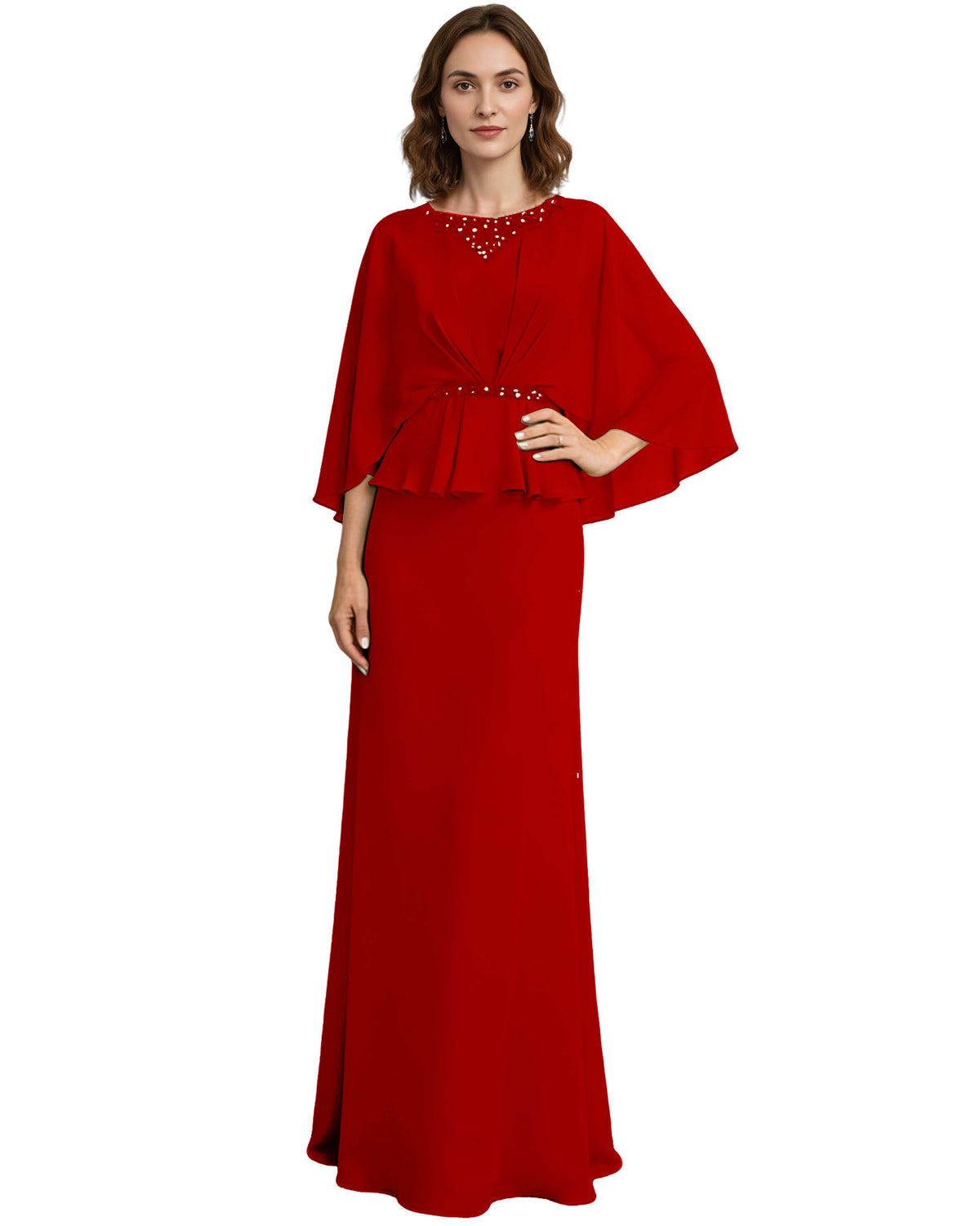 Red long formal gown with beaded neckline, capelet sleeves, and layered peplum hem.