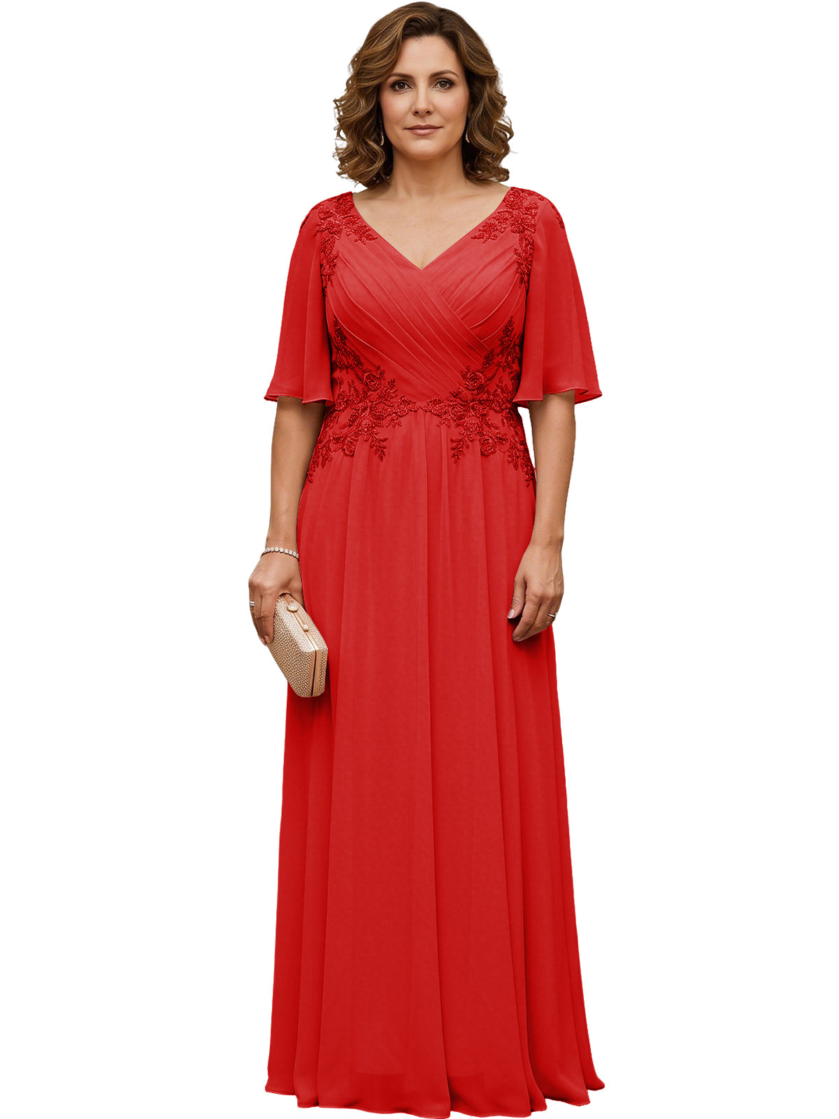 Red long A-line chiffon gown with flutter sleeves and lace beaded V-neck bodice