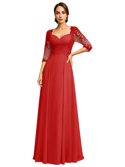 Mother of the Bride A-line dress in red with lace bodice and sheer lace 3/4 sleeves