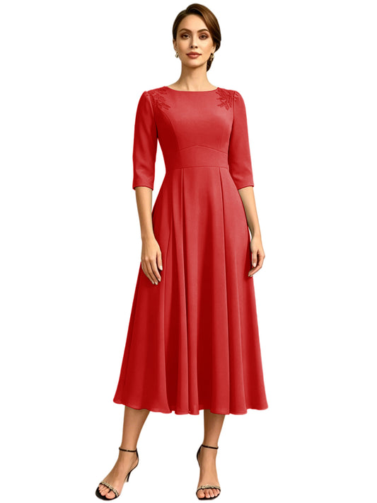 Red tea-length A-line dress with jewel neck, embroidered shoulders and 3/4 sleeves