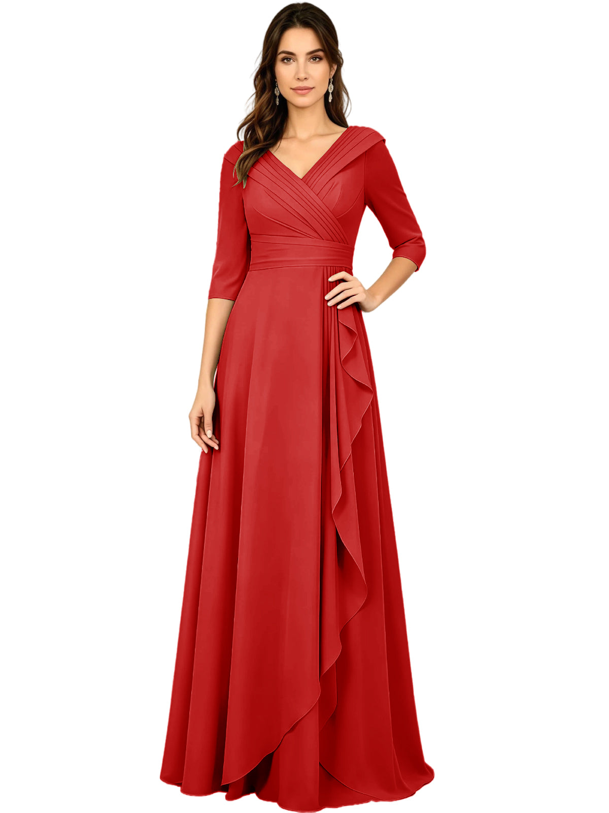 Red chiffon V-neck A-line dress with three-quarter sleeves and side ruffle drape