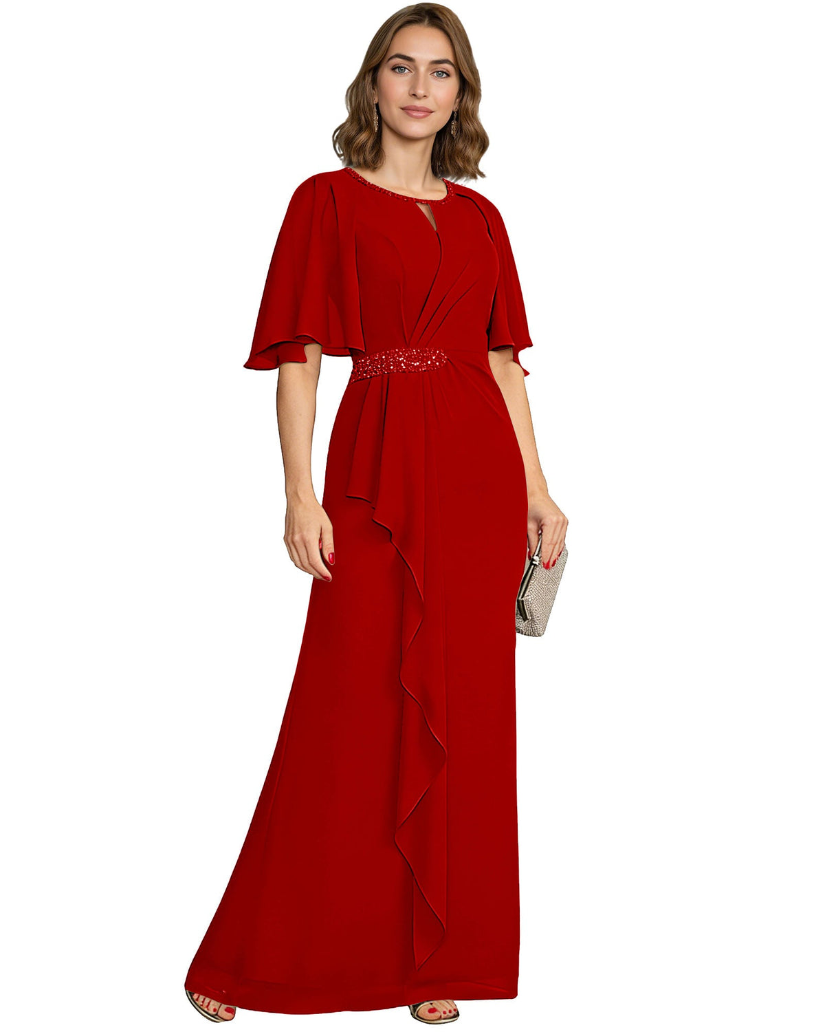 Red chiffon A-line mother-of-the-bride gown with flutter sleeves and beaded waist