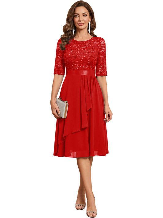 Knee-length mother-of-the-bride dress in red with sequined lace bodice and layered chiffon skirt