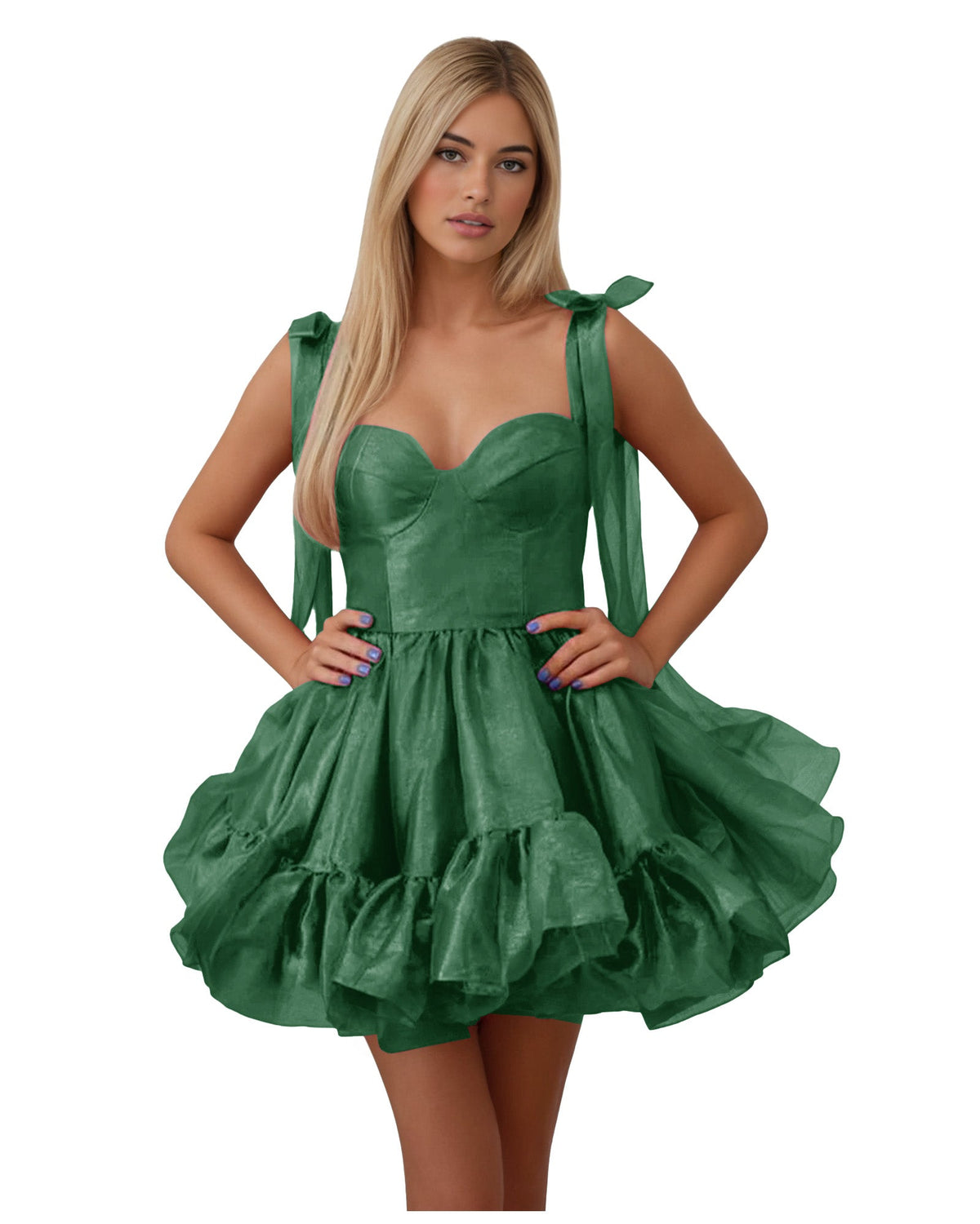 Emerald green satin corset homecoming dress with bow shoulder details and layered ruffle skirt