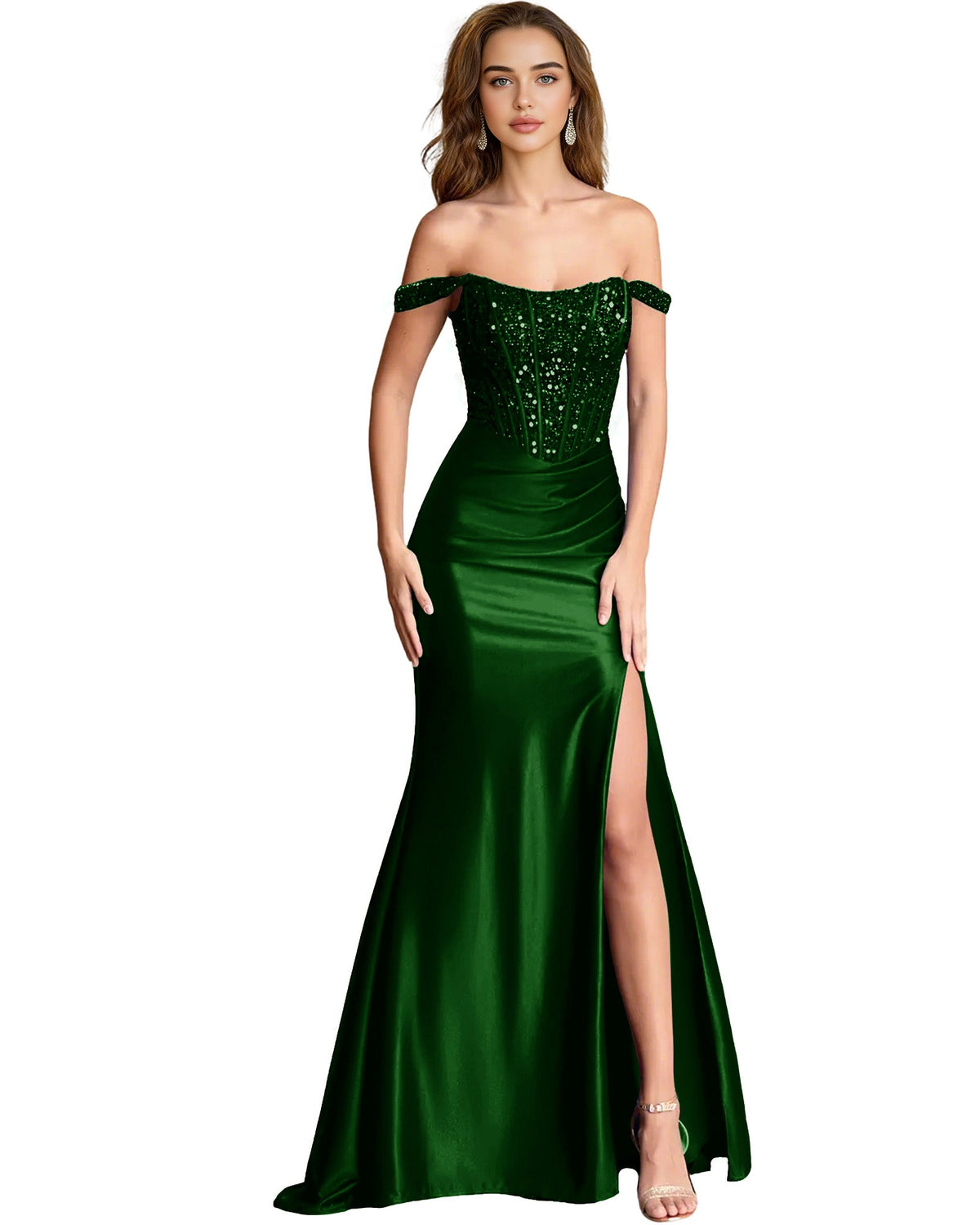 Emerald green off-shoulder sequin satin mermaid dress with side slit