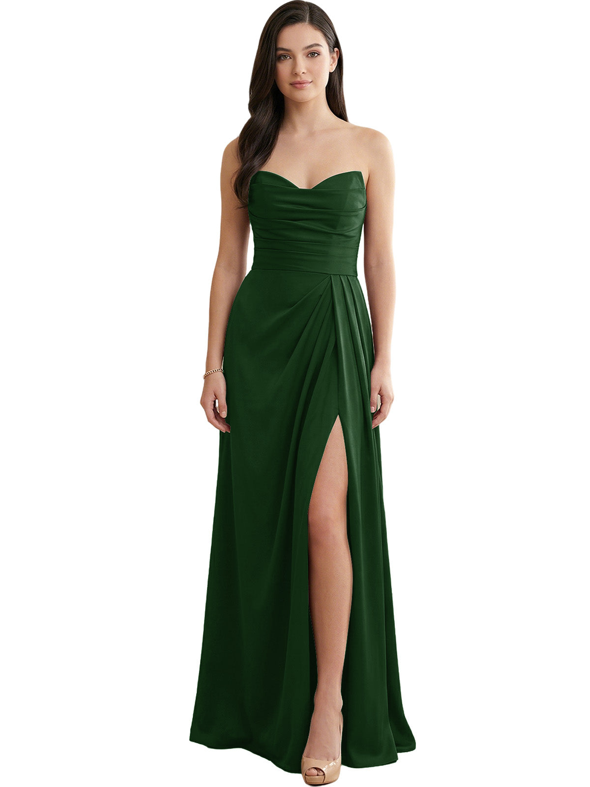 Strapless pleated satin bridesmaid dress in deep green with thigh-high side slit