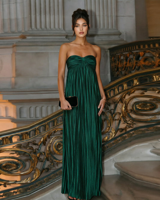 Emerald green strapless pleated metallic formal dress with sweetheart neckline