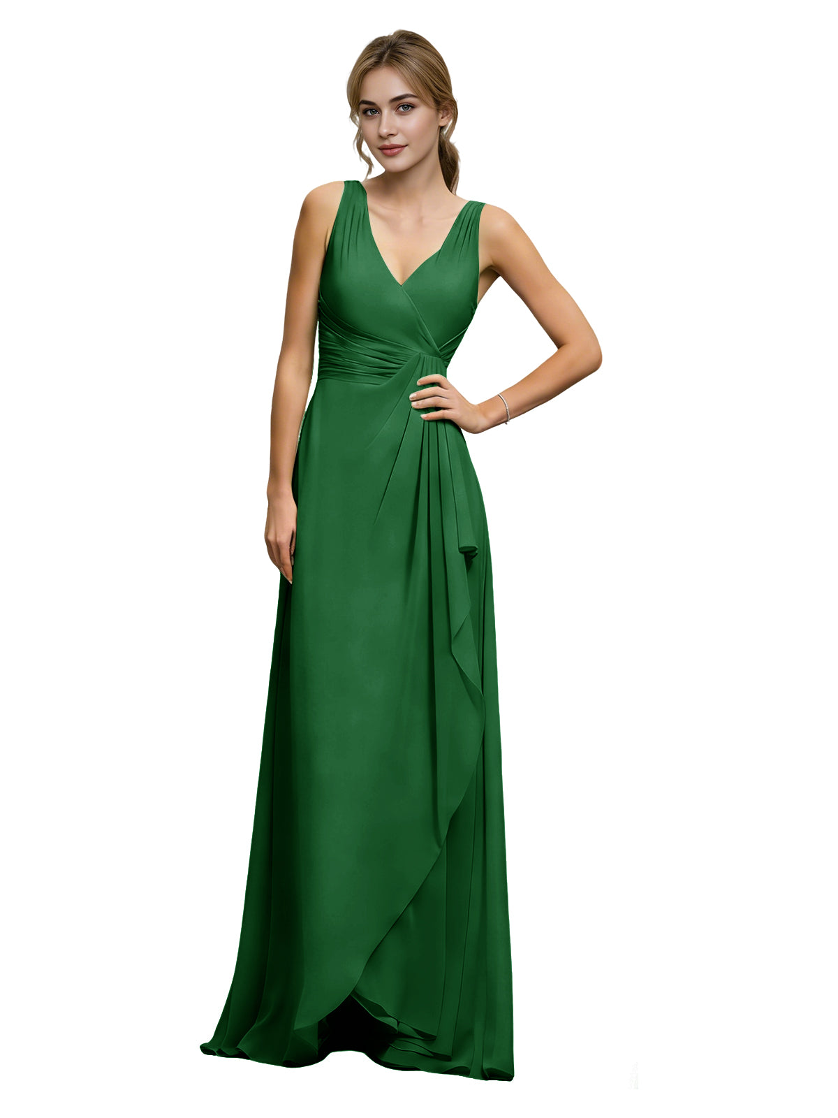Emerald green chiffon bridesmaid dress with halter V-neck and draped sash waist, long skirt