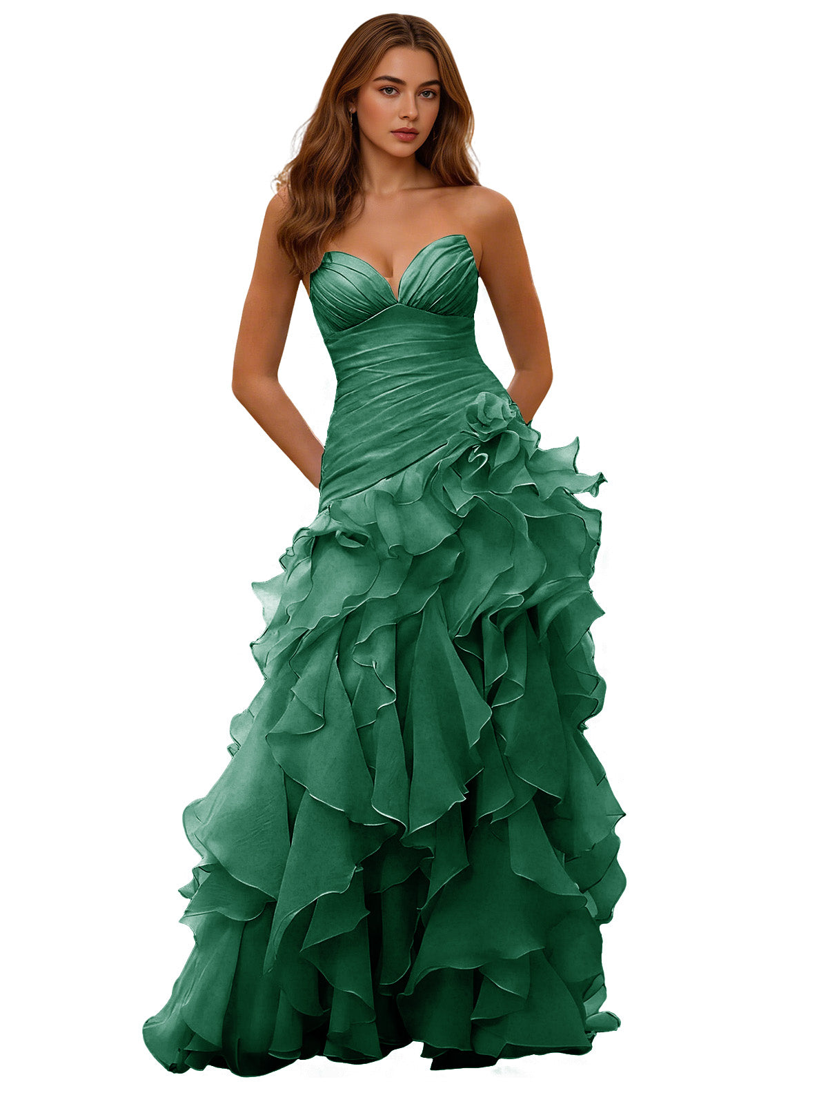 Emerald green strapless corset ball gown with cascading organza ruffle skirt
