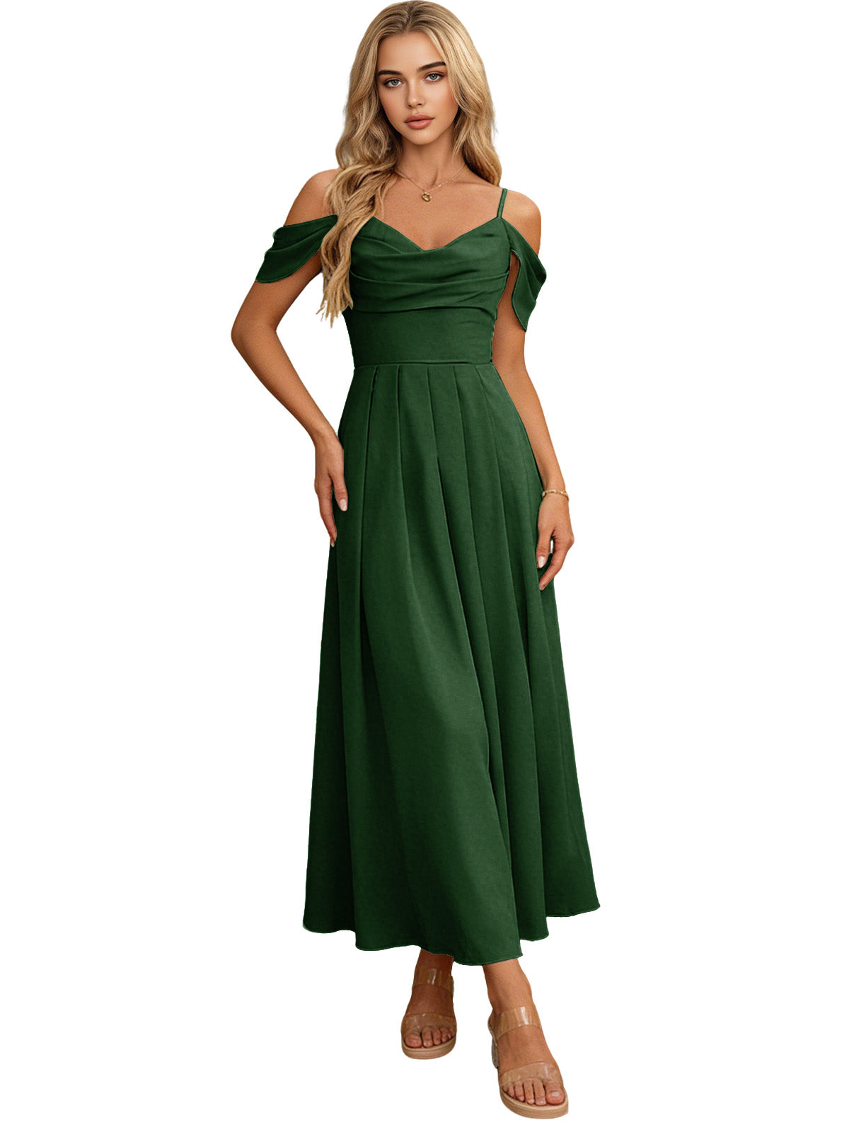 Emerald green off-shoulder midi bridesmaid dress with pleated bodice and flowing skirt