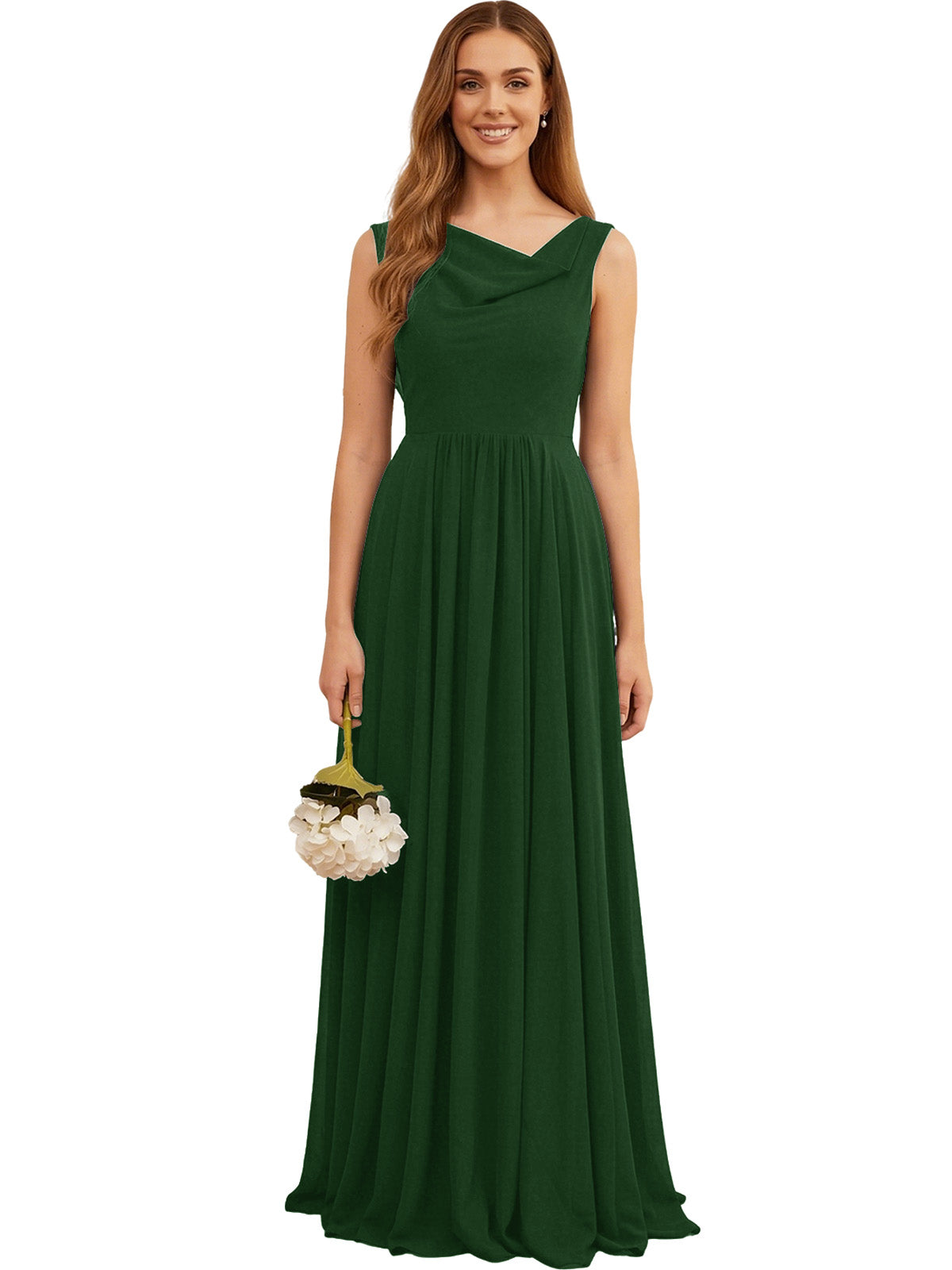 Green sleeveless chiffon bridesmaid dress with V-jewel neckline and pleated maxi skirt