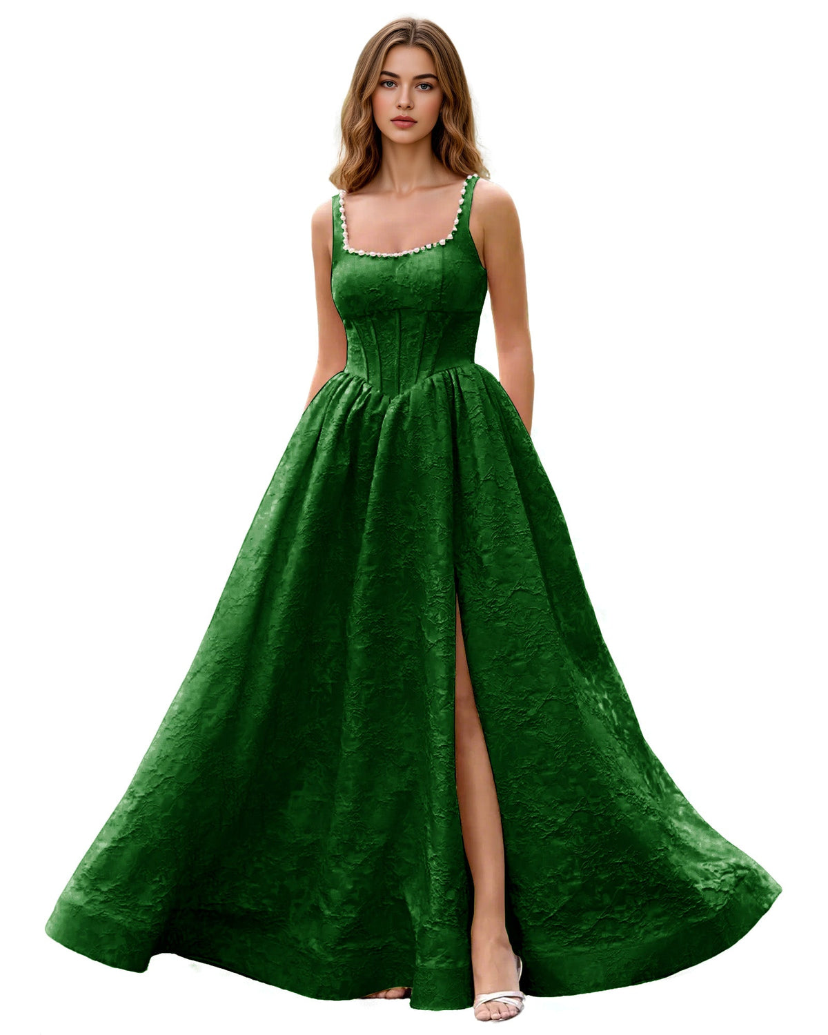 Green jacquard ball gown prom dress with square neckline, wide straps, and front slit