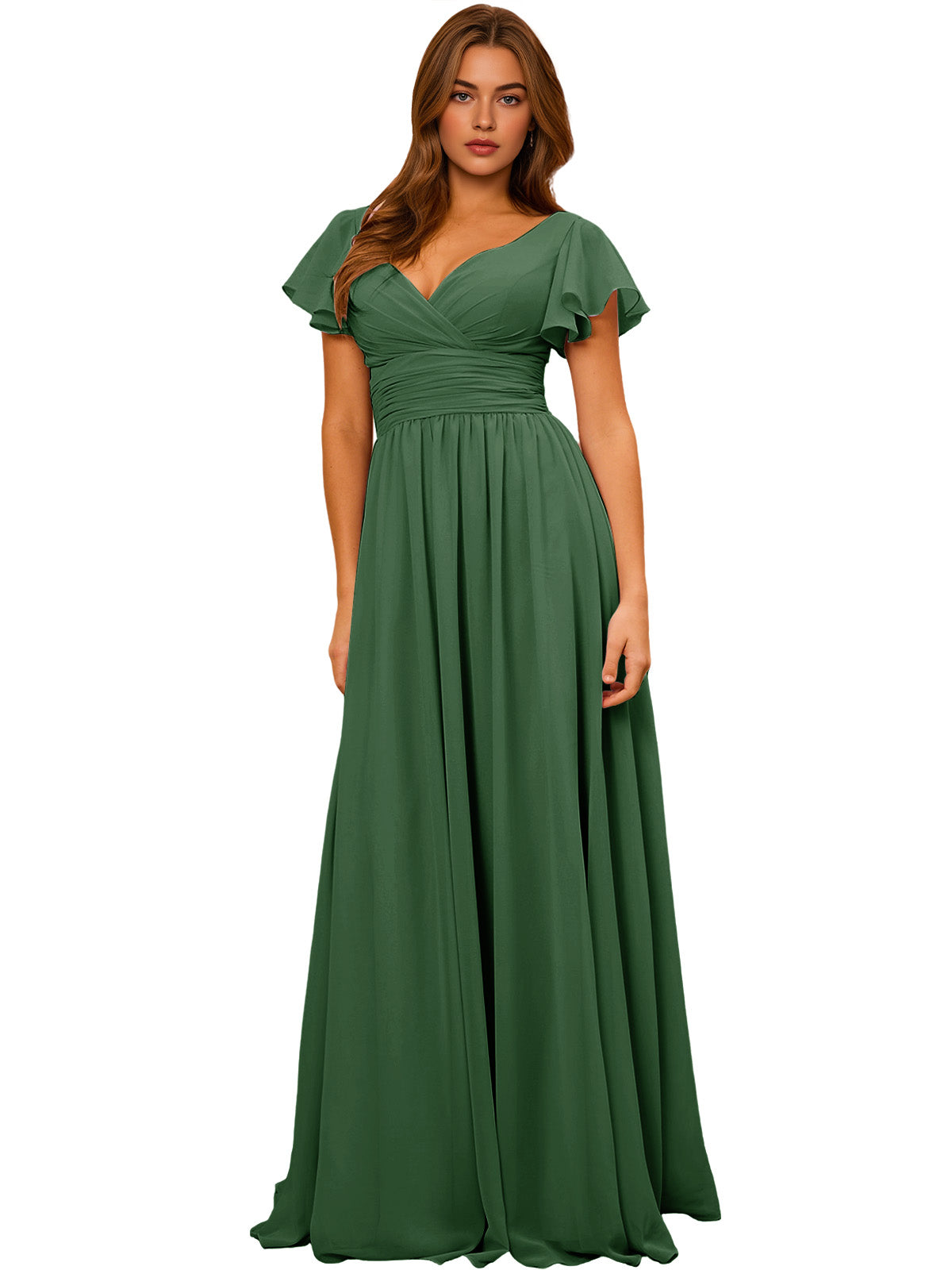 Emerald green chiffon bridesmaid dress with v-neck, flutter sleeves, empire waist, full skirt