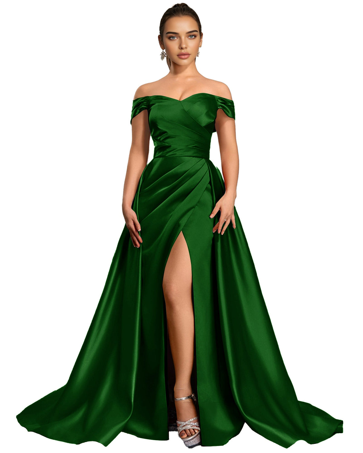 Emerald green off-shoulder satin ball gown with draped bodice and high front slit