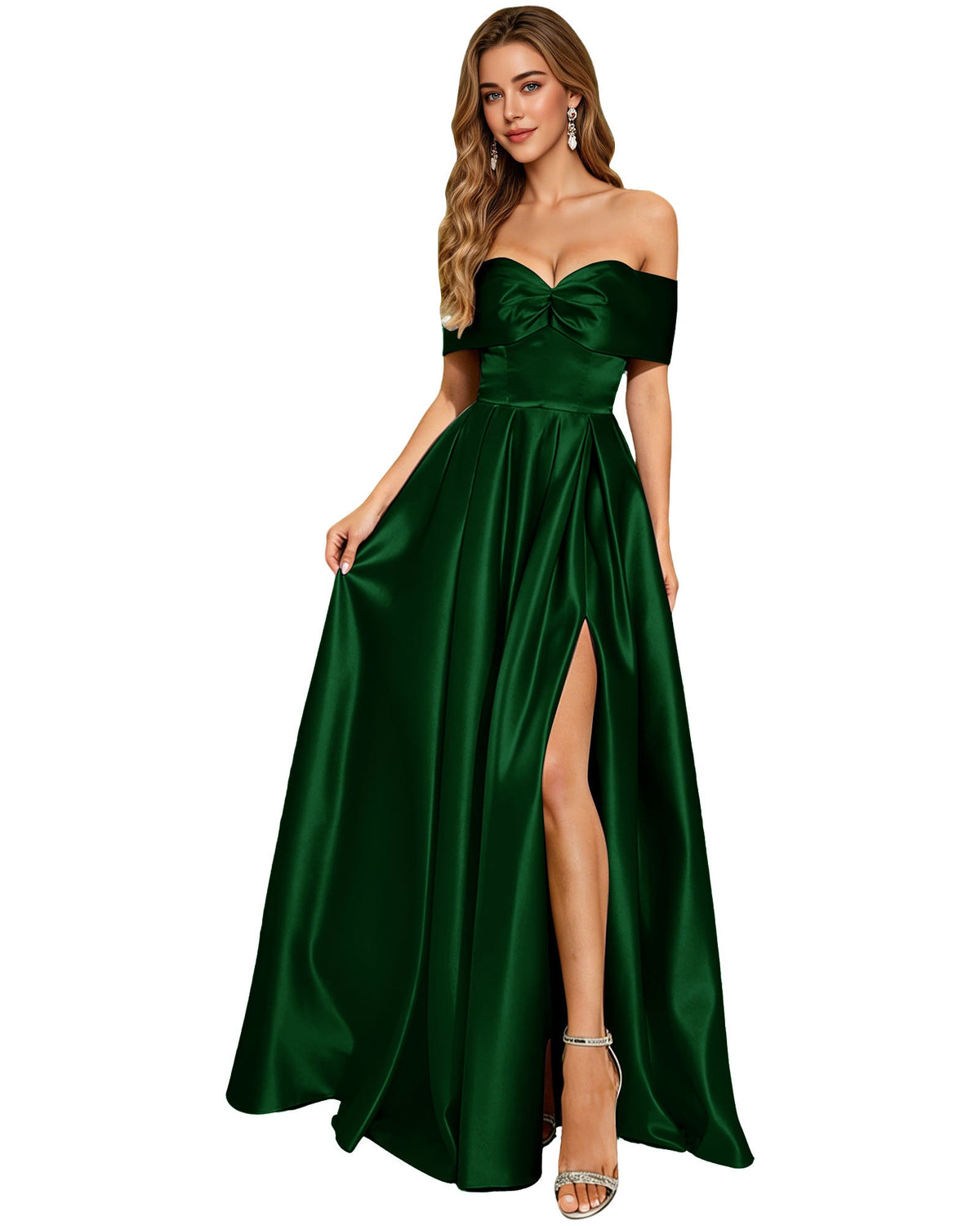 Dark green strapless satin prom dress with bow, pleated bodice, and front slit