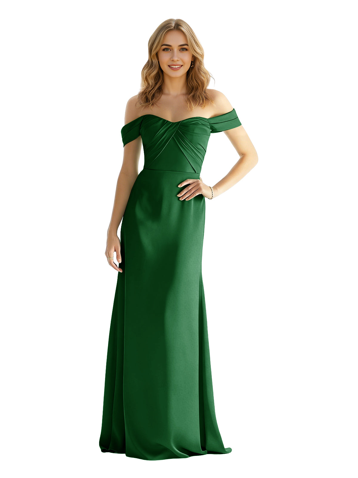 Emerald green satin off-shoulder sweetheart bridesmaid dress with wrapped bodice, sleeveless