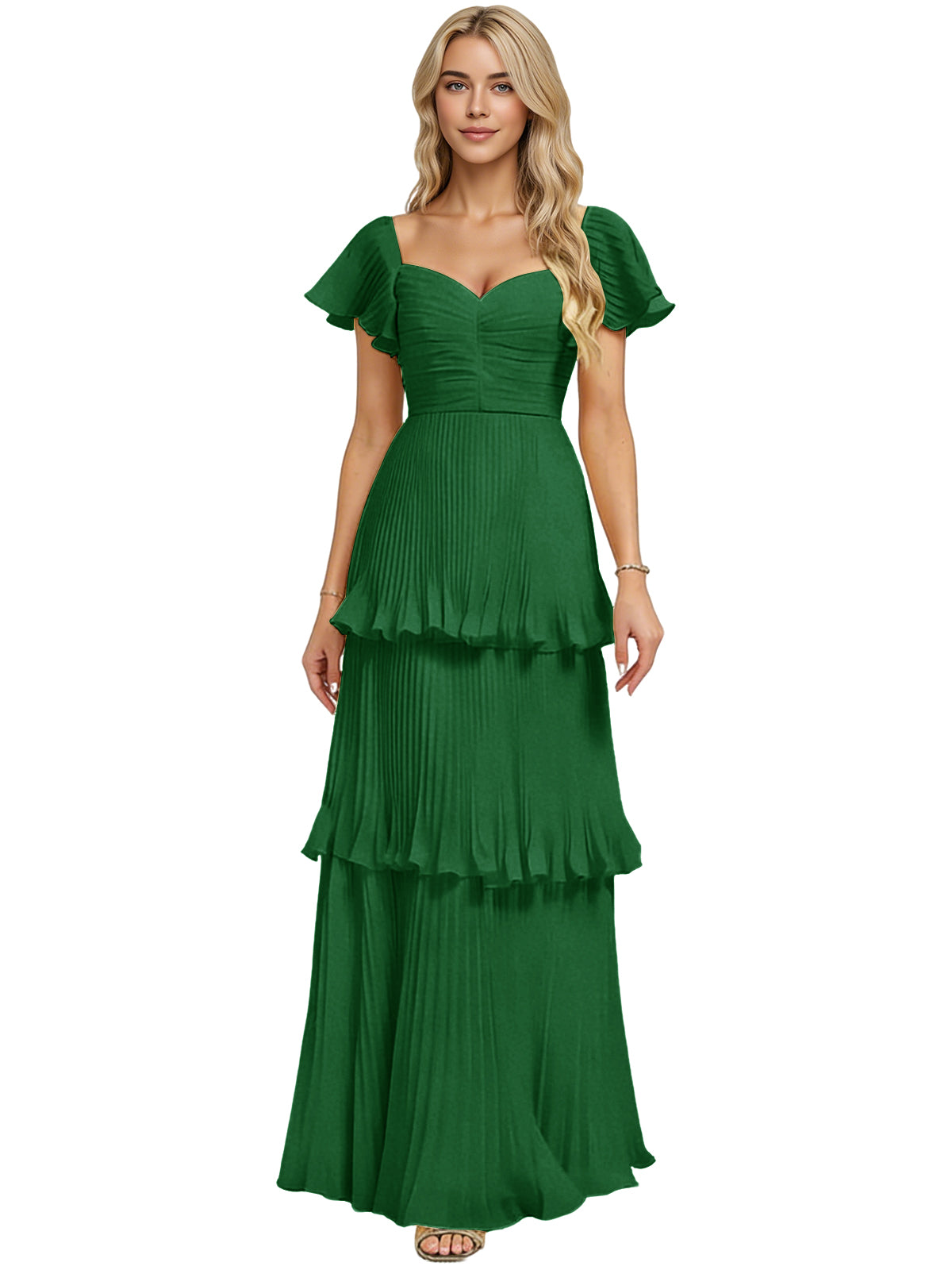 Tiered ruffle chiffon bridesmaid dress, sweetheart neckline, layered skirt, emerald green.