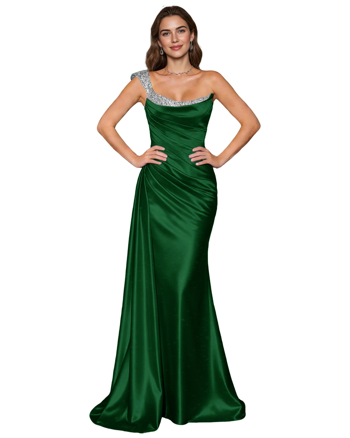 Emerald green satin mermaid prom dress with spaghetti straps and draped cowl neckline