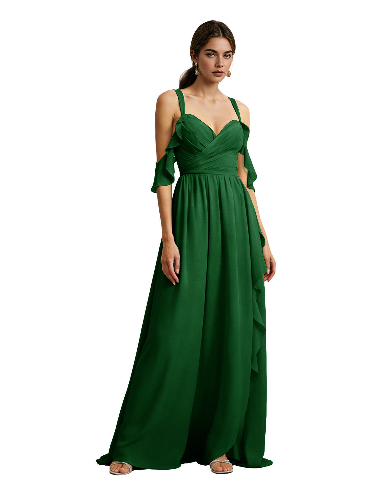Emerald-green chiffon cold-shoulder maxi dress with draped V-neck and open-back straps