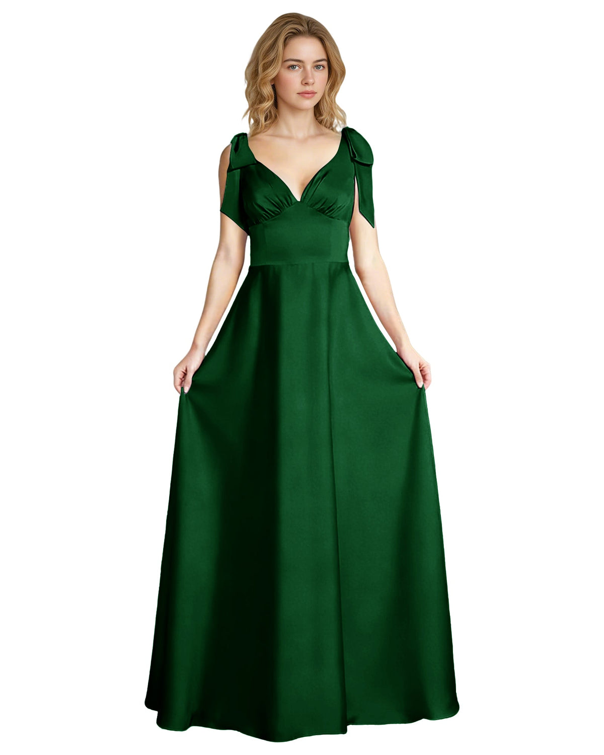 Emerald green satin V-neck bridesmaid dress with bow shoulder straps and empire waist
