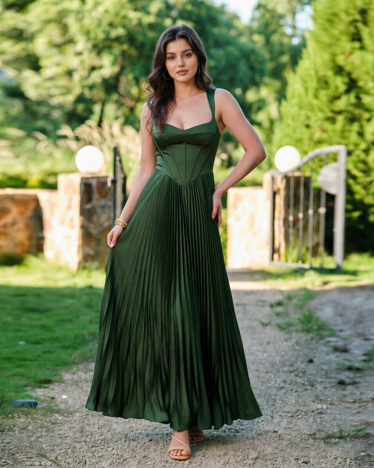 Square-neck corset pleated midi dress, emerald green pleated skirt and thin straps