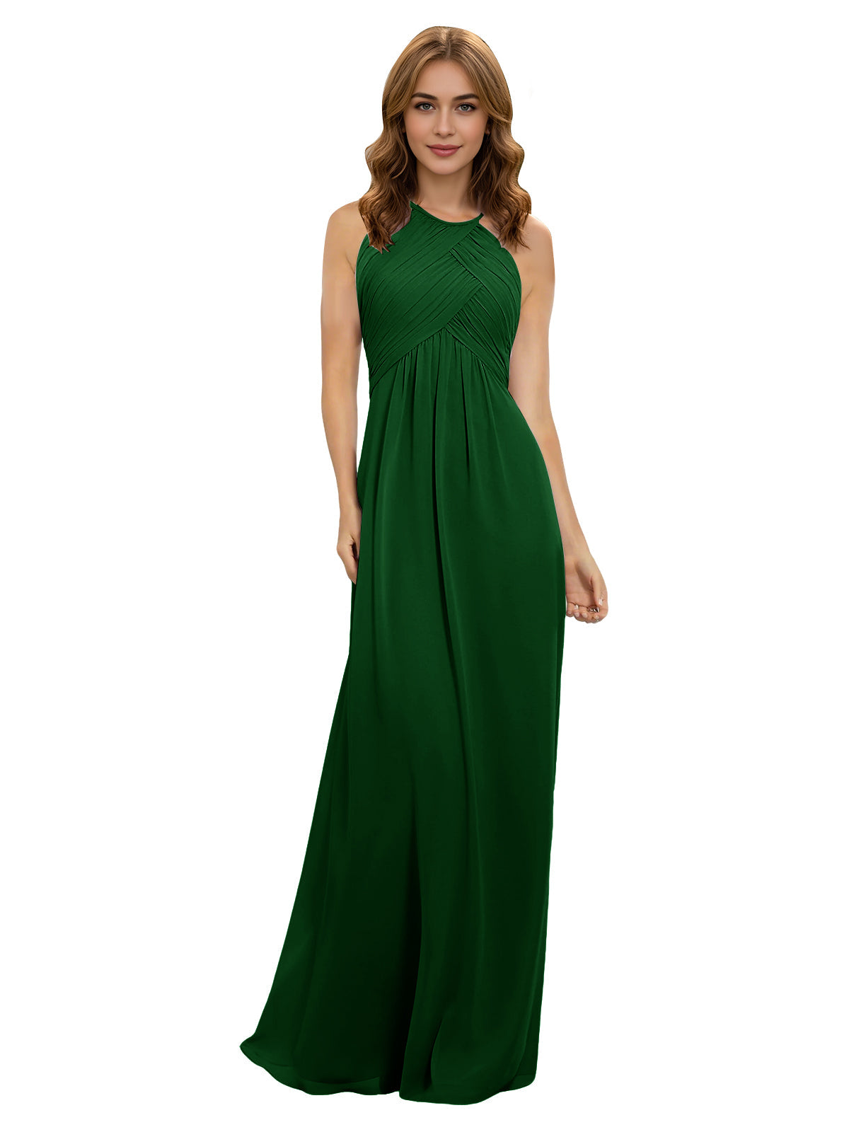 Emerald green halter chiffon bridesmaid dress with twisted bodice and maxi length