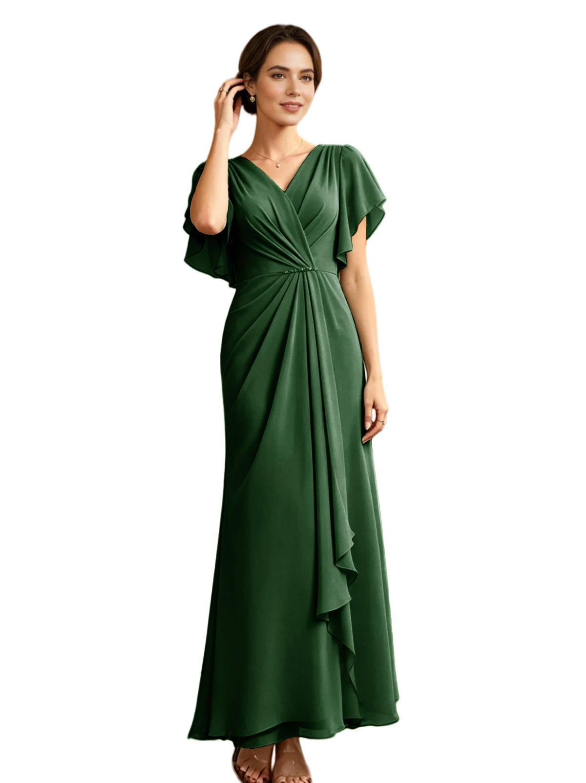 Dark green chiffon mother-of-the-bride dress, V-neck with flutter sleeves and beaded waist