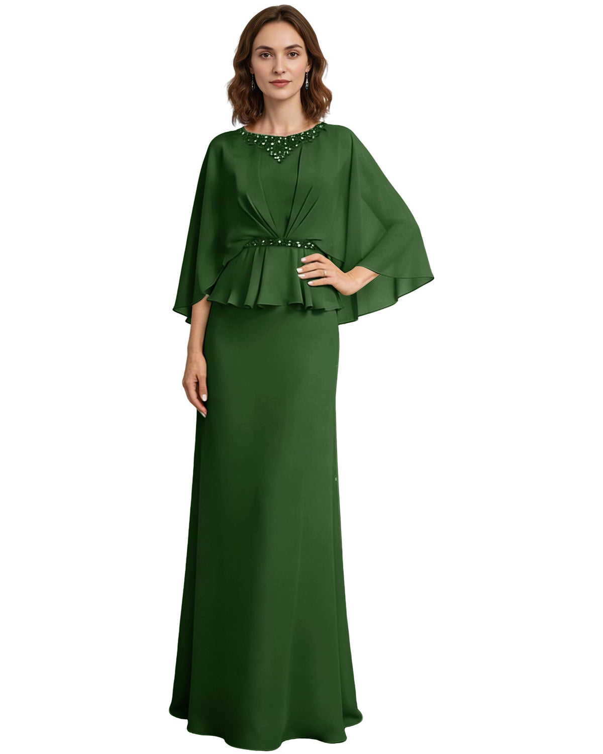 Green long formal gown with beaded neckline, draped capelet sleeves, and layered peplum waist.