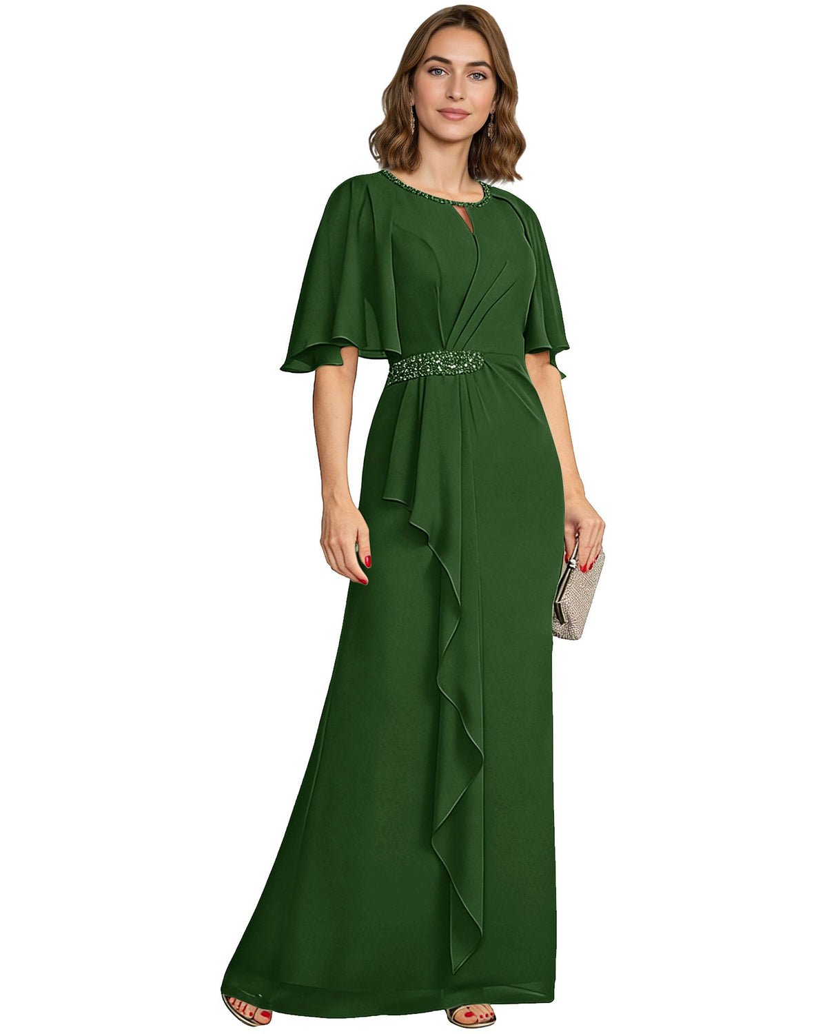Emerald green chiffon A-line gown with flutter sleeves and beaded waist detail