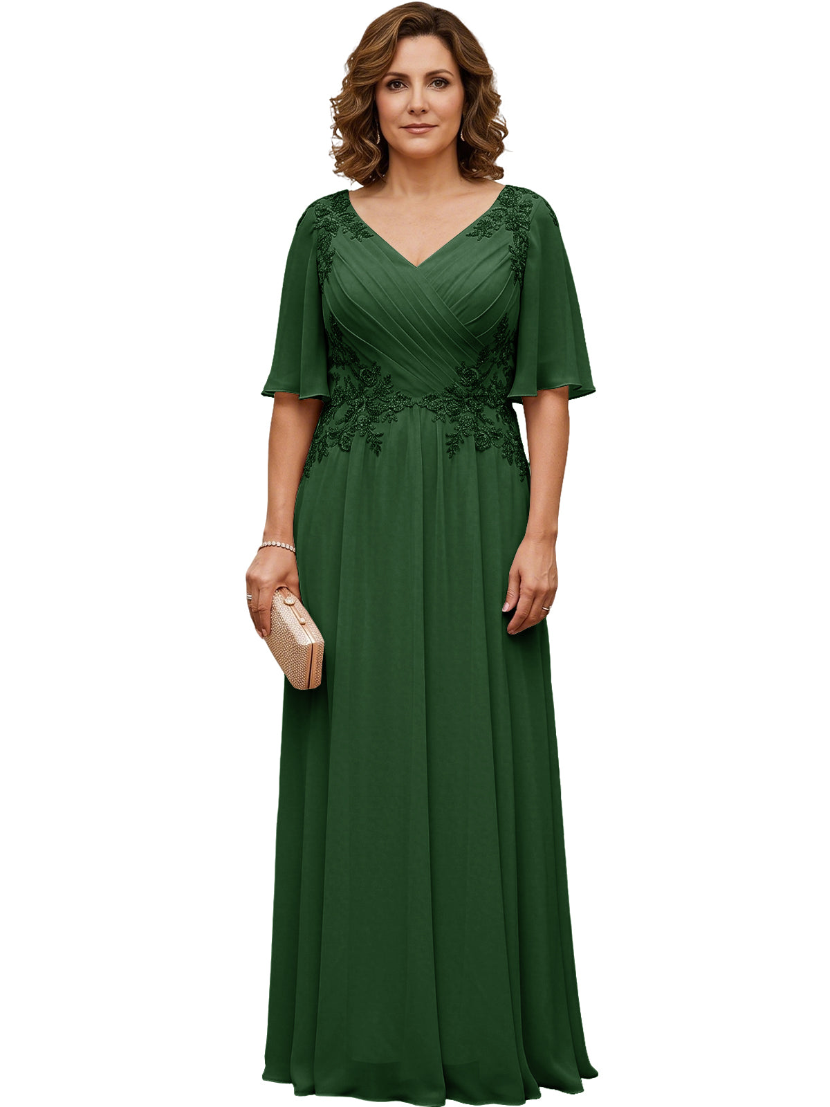 Emerald green long A-line chiffon gown with flutter sleeves and lace beaded V-neck